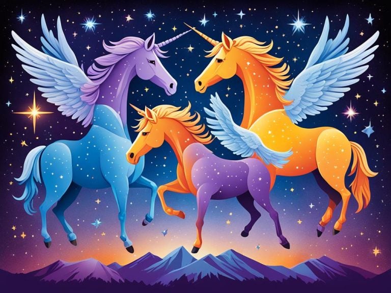 three mythical horses float over a mountain range. Some have wings and some have horns like a unicorn.