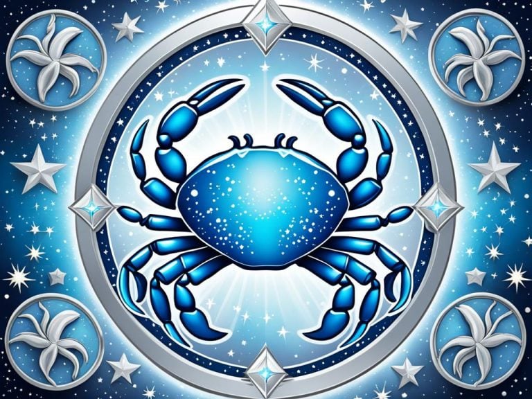 Crab on a blue background with stars represnting zodiac sign Cancer