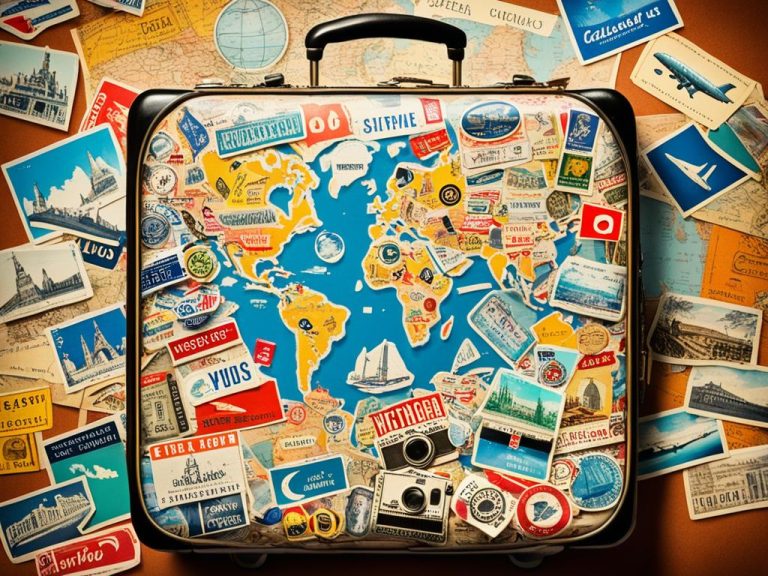 A suitcase is covered in travel stickers, showing the owne has been traveling around the world on boats and planes. It is surrounded by postcards from historic locations.