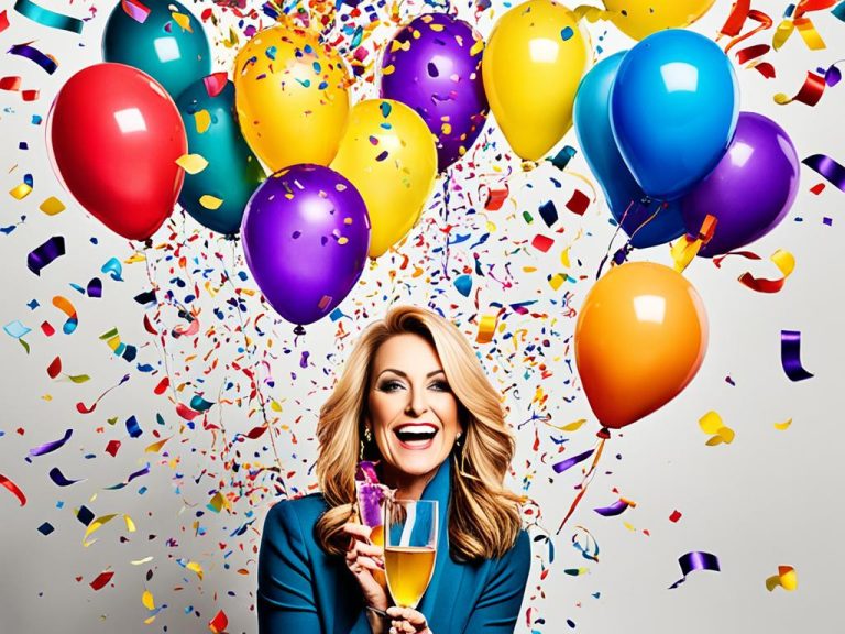 A blond woman celebrating her 40th birthday is smiling as she holds a large glass of whit wine. There are colorful helium filled balloons and confetti behind her.