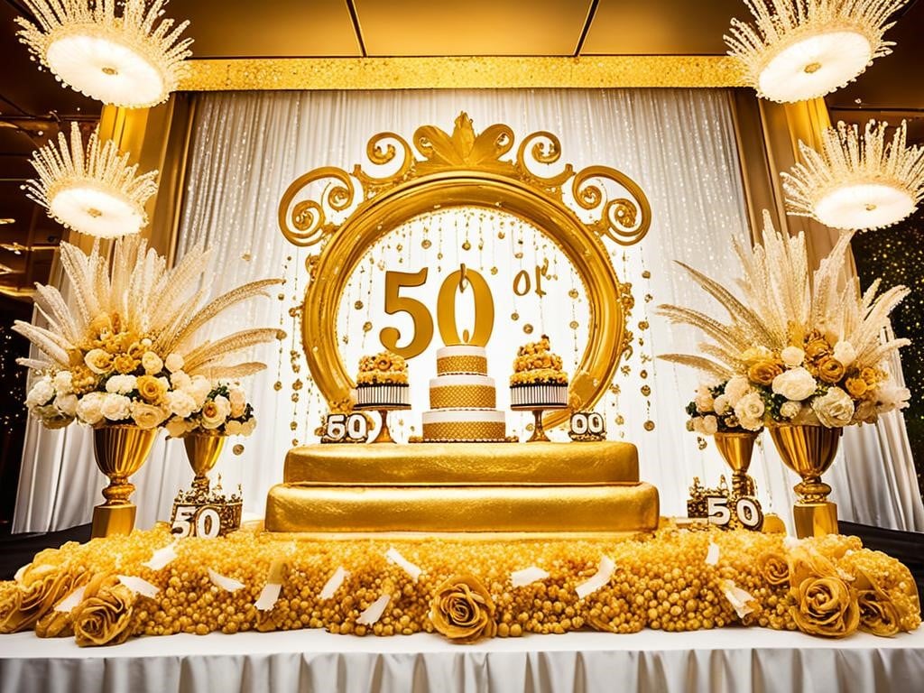 An image of a luxurious golden banquet table with elaborate decorations. In the center of the table, place a towering cake adorned with gold leaf and edible pearls, with "50" written in bold letters on top. Elements such as champagne glasses, sparklers, and confetti convey a festive atmosphere. The overall tone of the image is one of celebration and grandeur, fitting for a 50th birthday milestone.