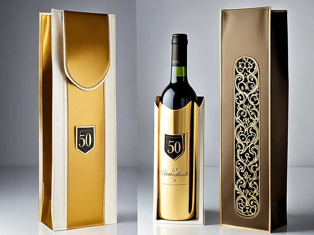 An image of a wine bag that exudes elegance and luxury. The bag has a golden sheen and is made of high-quality materials, with intricate stitching and detailing. The design incorporates the number 50 to signify the occasion of a 50th birthday celebration. The bag is resting on a marble countertop with warm and intimate lighting, with soft shadows to emphasize the texture and shine of the bag.