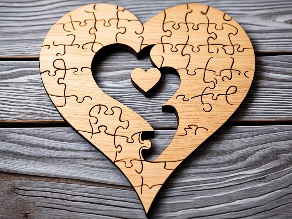 An image of a wooden heart-shaped puzzle with interlocking pieces designed to fit perfectly together, symbolizing the strength and unity of a marriage that has reached its fifth anniversary. The wood grain texture is visible on the surface of each piece, and the puzzle is partially completed, with two pieces fitting snugly together, representing the couple who have grown together and complement each other. The background is muted to draw focus to the puzzle, with soft lighting highlighting the intricate details of the wooden pieces.