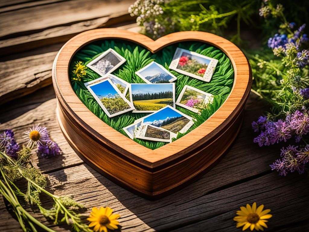 A wooden heart-shaped box filled with sentimental items such as photos and love notes. The box is decorated with intricate carvings and adorned with a small bouquet of wildflowers. Rays of warm sunlight pour through the windows, casting a beautiful glow on the rustic wooden table that the box sits on. In the background, a peaceful forest can be seen, symbolizing the strength and longevity of the loving relationship.