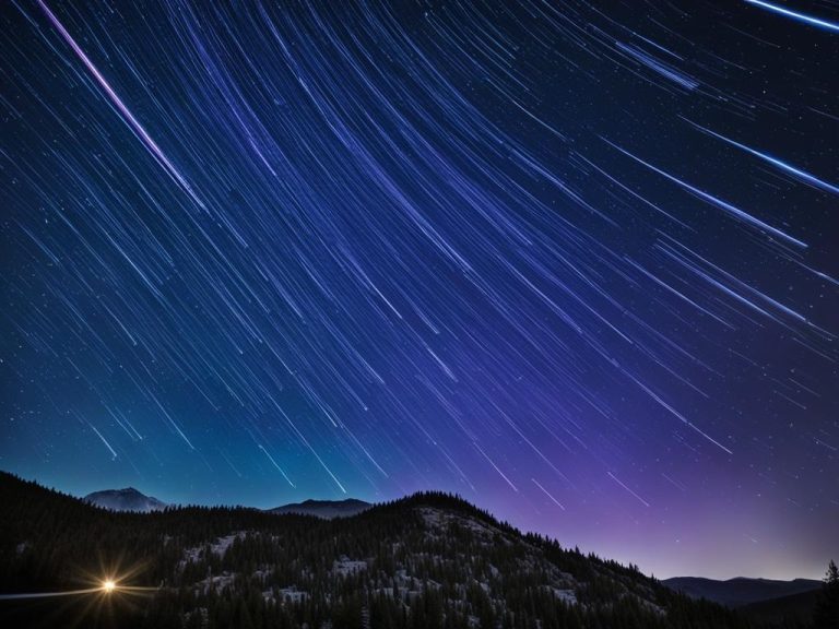 A dark night sky with numerous shooting stars streaking across it, creating a breathtaking display of lights. The backdrop is a mix of blues and purples, highlighting the stars’ sharp lines. The Delta Aquarids meteor shower is visible at the center of the image, with the brightest meteor at its core, surrounded by smaller streaks. The image conveys a sense of awe and wonder to viewers, making them want to experience the meteor shower themselves.