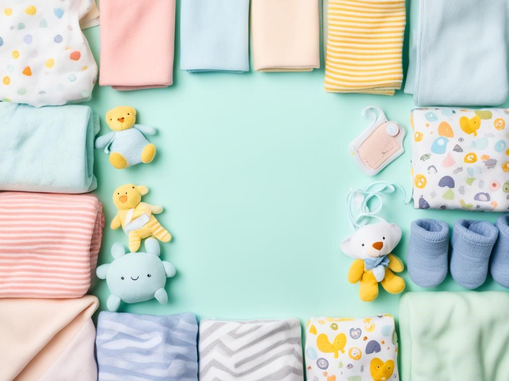 A collection of colorful baby items arranged in a neat and organized manner, with a focus on soft blankets, plush toys, and gender-neutral clothing. The background is a gradient of pastel colors, and the gift items are arranged in a way that creates dynamic movement and interest. There are a variety of textures, such as fuzzy blankets and smooth clothing fabrics. The overall feel is cozy, inviting, and celebratory.