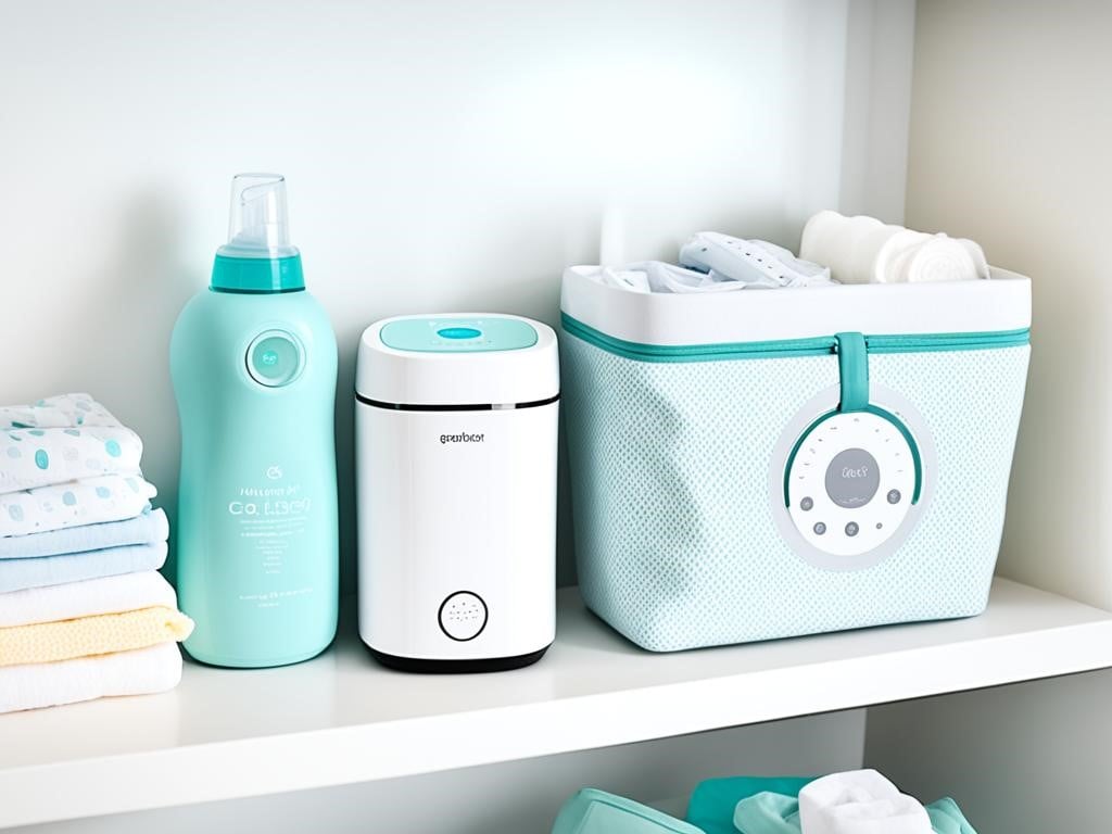 A bundle of baby essentials neatly arranged on a shelf, including a diaper pail, wipes warmer, bottle sterilizer, and sound machine.