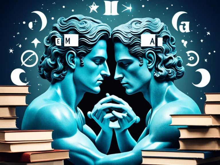 Two blue human-like characters with wavy hair representing Gemini and Aquarius are shown facing eachother. Their hands and arms have melded together. They are surrounded by books and imaginary symbols.