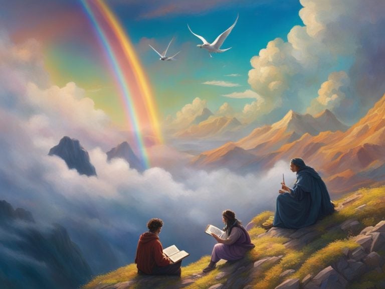 A wise older woman and two pupils sit on a hill with books. The students appear to be discussing books or the scenery in front of them. The peaceful scene looks like a watercolor. There is a pastel rainbow, white birds, colorful clouds, and mountains.