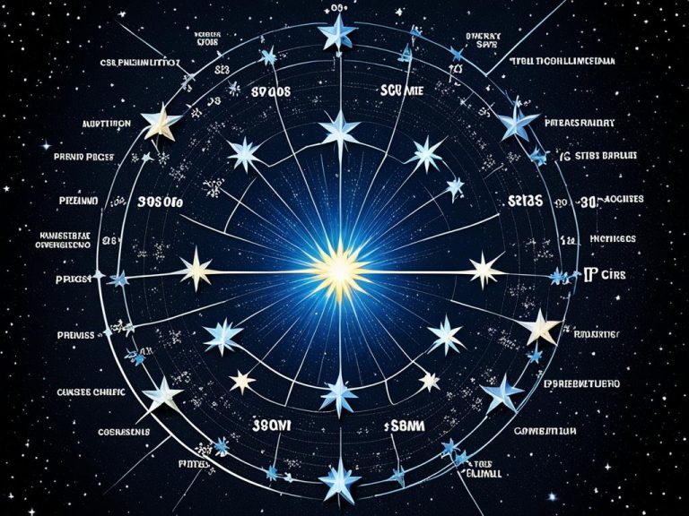 A mysterious circular star chart or calendar. It is ancient looking with stars and symbols. The background is blue. there is a large yellow star in the center.