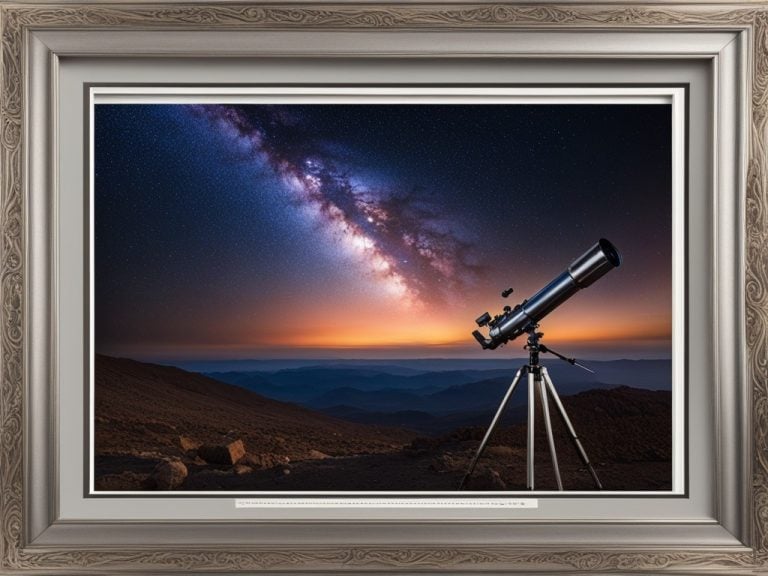 A stunning night sky with a prominent blue star shining brightly in the Hydrus constellation. A small telescope is seen in the foreground, pointing up towards the star. In the background, a image of a certificate with the name of the star, the location of the constellation and a message "The Universe is yours to discover" is framed and hung on a wall. The overall feel of the image should be that of wonder, beauty and awe at the mysteries of the universe.