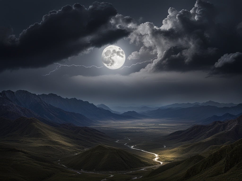 A full moon shining bright behind stormy clouds, illuminating a vast landscape below. The moon's surface is textured and detailed, with shades of silver and grey. Lightning strikes in the distance, highlighting the power and beauty of the season.