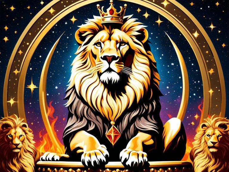 A majestic lion sitting on a throne made of gold, surrounded by a circle of fiery flames. The lion wears a crown of jewels and a pendant. In the background, a starry night sky with the Leo constellation shining bright.