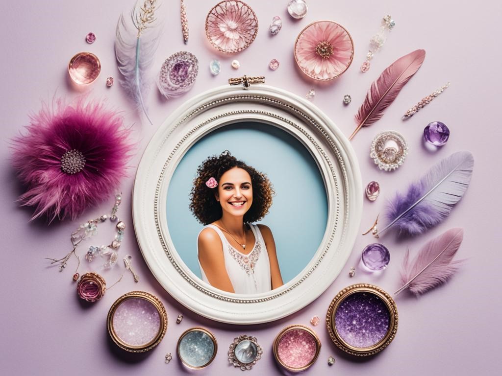 a collection of small, delicate items arranged in a circle, such as flowers, crystals, and feathers. The items are arranged on a piece of fabric in hues of pink and purple, with soft lighting casting shadows across the scene. There is a framed photo of a young girl smiling. The image evokes a sense of peace and calm. In the background, there is an abstract wash of color, fading from light to dark, to suggest the passage of time.