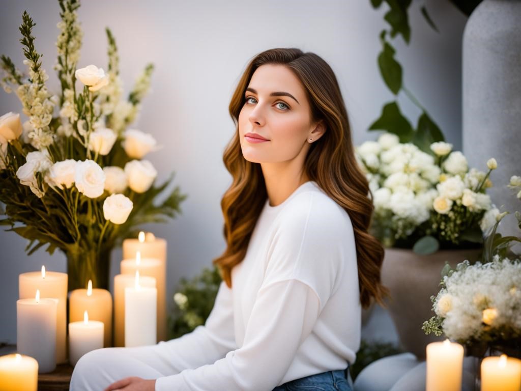 An image of a young woman sitting in a peaceful, serene location. She is looking off into the distance. Surrounding her are various objects, such as floral arrangements, candles, and other sentimental items. The overall mood is one of remembrance and honoring the memory of a loved one.