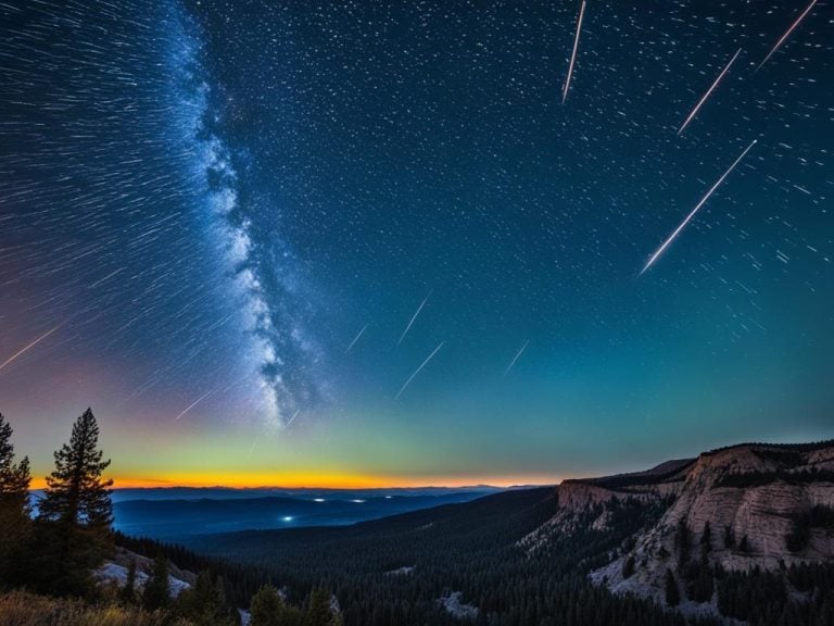 A serene evening sky with a dazzling meteor shower, streaks of vibrant light illuminating the darkness. Show viewers lying on their backs, gazing up in awe at the awe-inspiring celestial spectacle. Highlight the radiant Perseids meteor shower in 2024, conveying a sense of wonder and excitement while portraying the natural beauty of the event.