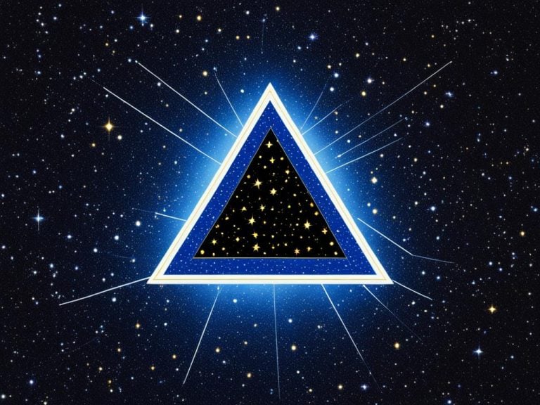 A stylized reprentation of a floating triangle with gold stars. A bright white triangle of light is shown on a dark blue night sky surrounded by stars. There is a glow around the triangle and ratiating lines. inside the triangle are gold stars on a black background.