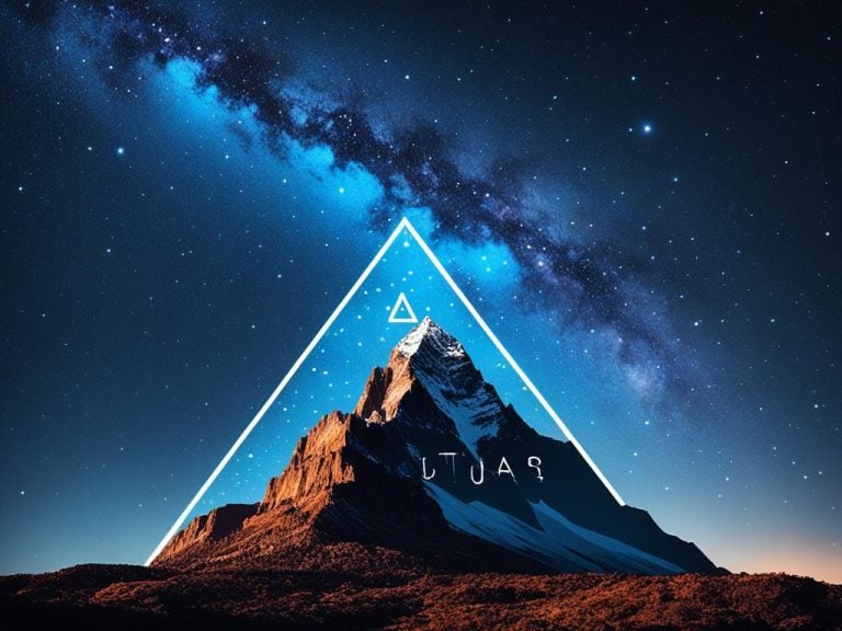 A beautiful mountain rises out of the desert. The artist has placed the outline of a triangle behind it filled with stars. In the background we see a blue night sky with the Milky Way cutting across it. In the lower right corner we see the glow of a city or setting sun.
