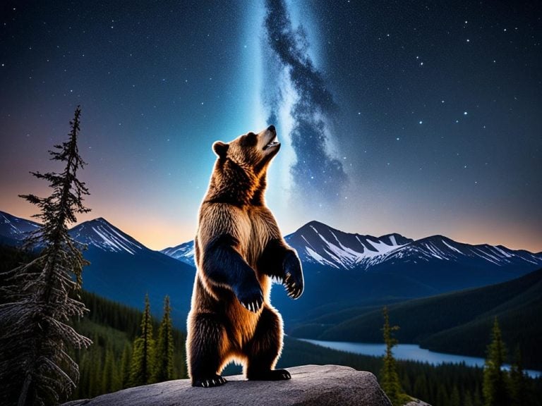 A young bear stand on a rock looking up toward the starry night sky. Behind it are snow covered mountains, water, trees, and rising stars.