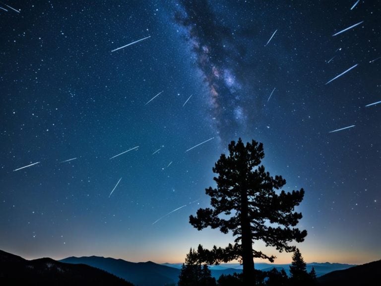 Meteors streak across the night sky. There is a pine tree in the foreground and in the distance we see hills and light on the horizon.