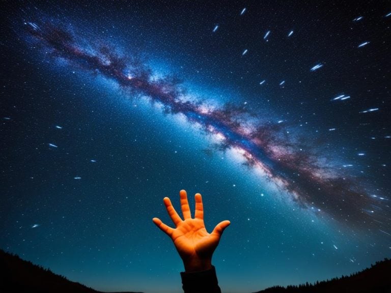 A hand reaches up toward the night sky as if attempting to catch a falling star from the meteor shower above. The the Milky Way is overhead and there are trees in the distance.