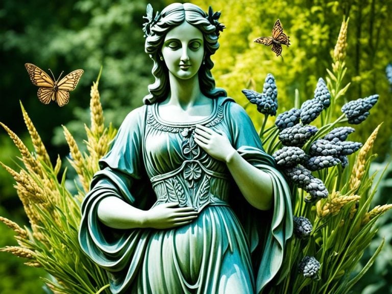 A stunning image that includes a beautiful garden with fresh flowers and lush greenery. In the center of the garden, there is a statue of a graceful and wise maiden holding a sheaf of wheat, symbolizing the hardworking and analytical nature of Virgos. The maiden is surrounded by butterflies, representing the meticulous attention to detail that Virgos possess in their work and personal lives.