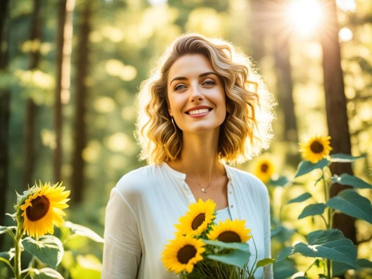 A serene forest setting with a Virgo woman standing amongst the trees, holding a bouquet of sunflowers. The sun is shining brightly behind her, casting a golden glow on her hair. The overall vibe is one of simplicity, practicality, and appreciation for nature.