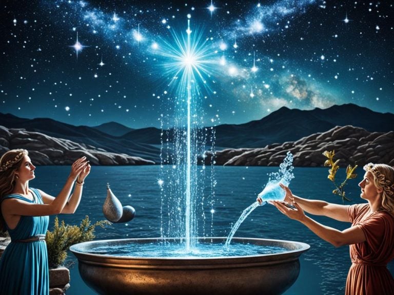 Aquarius the water bearer constellation is represented as a man and woman dressed as ancient Greek or Roman Gods. The man is pouring water into a large vat and the woman appears to be dropping in other items. Behind them are mountains and the sea. A big bright star is trailing droplets of water as it rises from the vat.