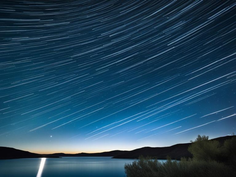 The night sky over an inland body of water shows the glow of the sunset on the horizon. Above are streaks of light representing the trails of stars and planets that would be captured by time-lapse photography.