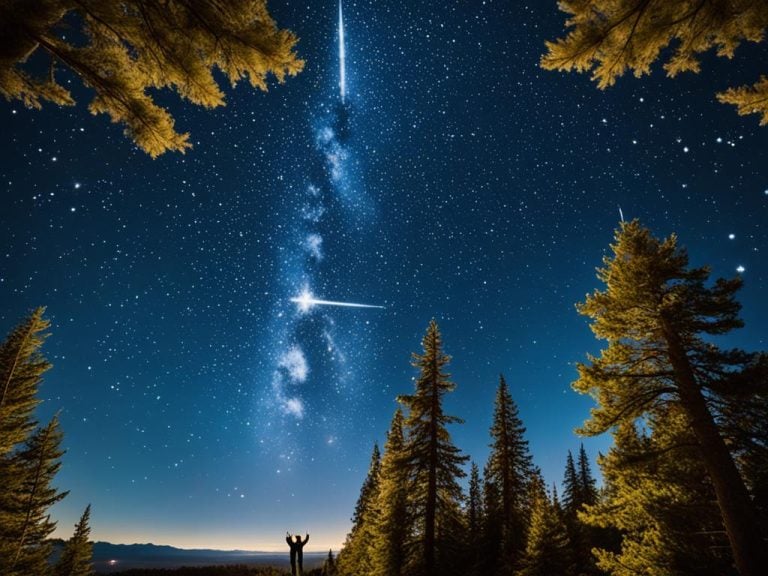 A blue night sky is filled with stars. There are trees all around and a single figure is reaching up toward the sky. In the sky there is a band of stars with white streaks of light.