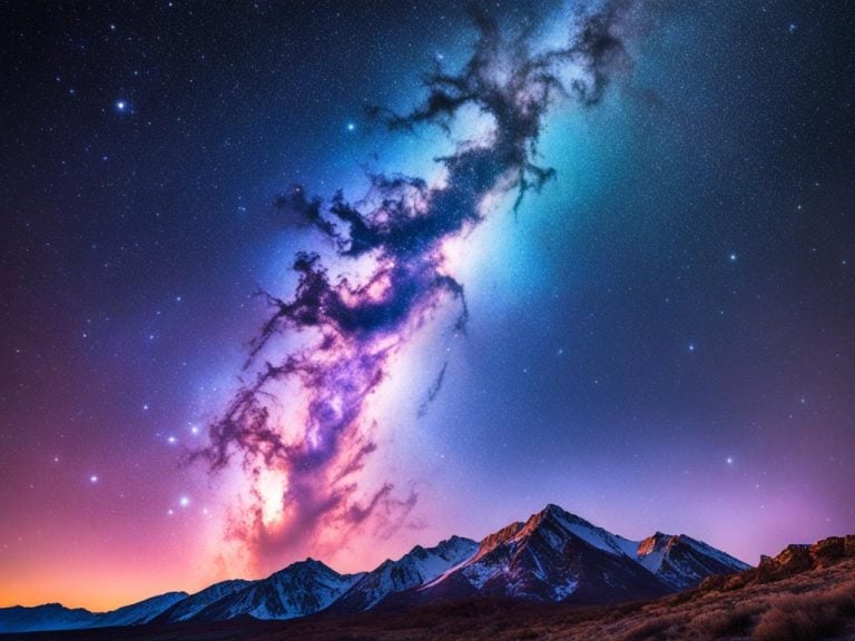 Artist's depiction of the Milky Way rising over the mountains. The mountains are covered in snow. There is an orange glow on the horizon. The band os stars is pink, blue and white.