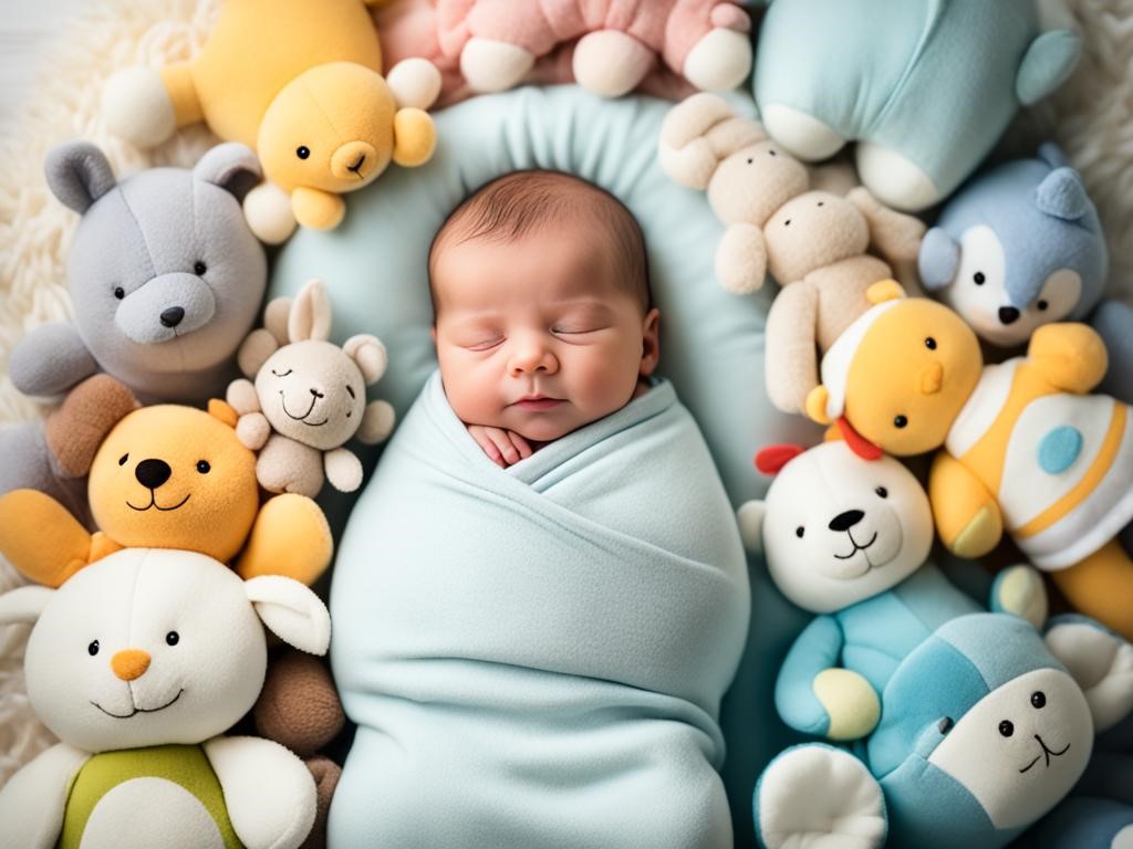 A serene image of a sleeping newborn baby nestled in a cozy blanket, surrounded by a variety of colorful and soft plush toys. The toys should range in size and texture, with some being small and delicate, while others are larger and more playful. The background should be muted and calming, with a subtle pattern or texture to add depth to the image. The overall mood of the image should be warm and comforting, capturing the joy and wonder of welcoming a new life into the world.