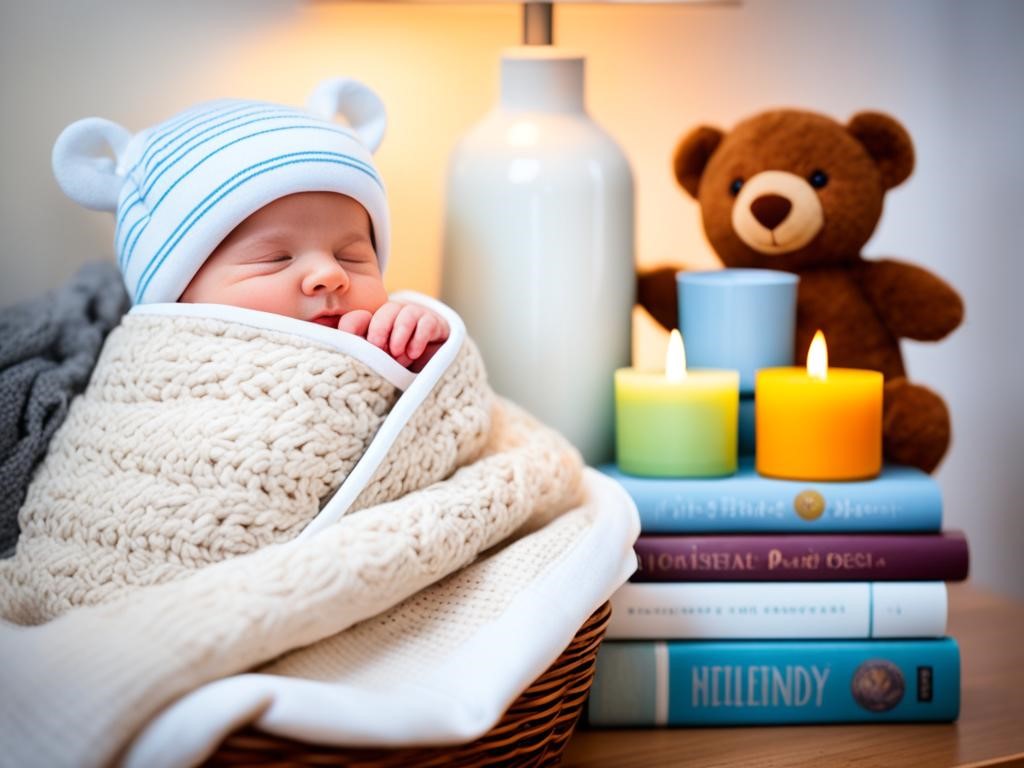 A cozy blanket wrapped around a newborn baby in a basket with a matching plush teddy bear next to it. In the background, a shelf of various books on motherhood and parenting. A mug of hot tea and a scented candle on a nearby table adds to the relaxing atmosphere.