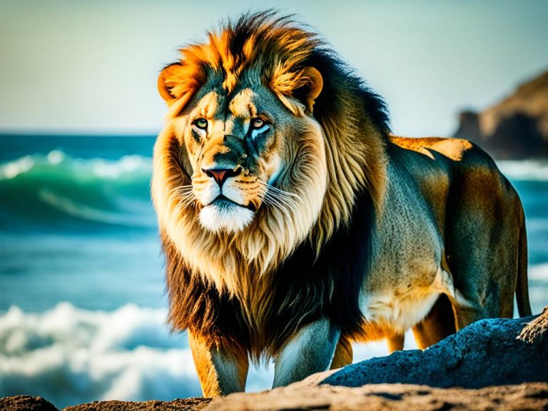 a solitary lion stands on a beach looking at something we cannot see. There is a rocky surface in front of him and blue crashing waves behind him.