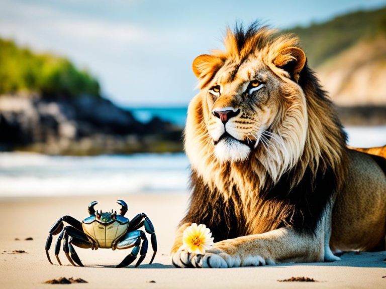 A proud male lion with a full mane sits on a beach looking relaxed with a blue crab. The crab has lifted itself up and its legs and is reaching upward with its claws. Behind the lion and crab are rocks and waves.