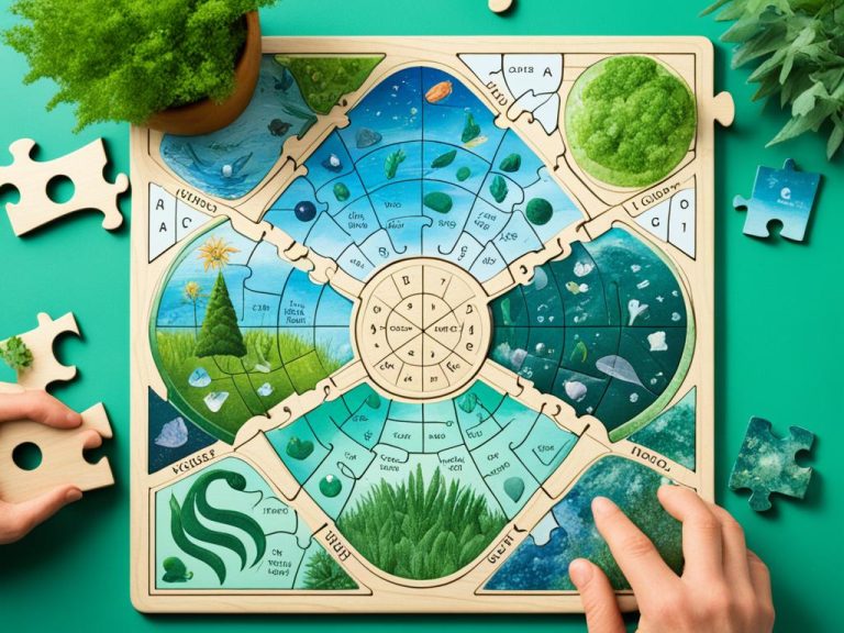 An unusual game or wooden puzzle with distinctive shapes. The puzzle features plants and sea creatures. Two hands are shown solving the puzzle and there are 2 plants.