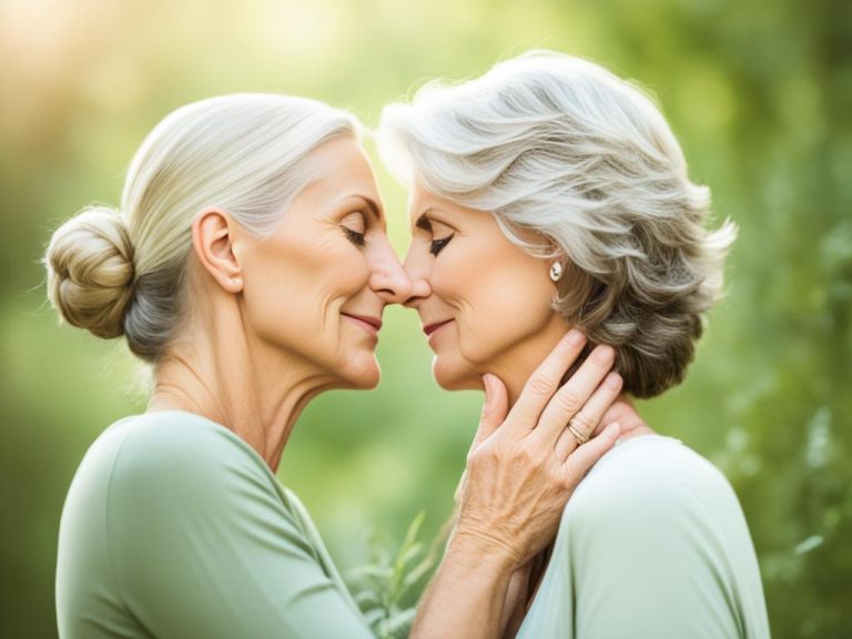 Two romantic older women embrace. Both women are wearing green and there is green foliage behind them. The woman on the left is wearing a gold ring and touching the neck of the woman on the right.