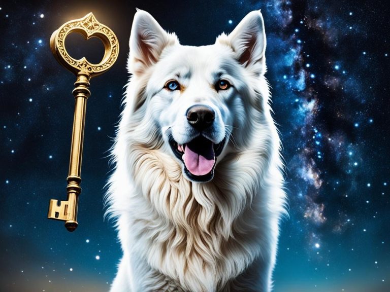 Create an image of Canis Minor in Mythology as a celestial being with shimmering fur and piercing eyes, standing proudly amidst the stars and holding a key in its jaws, symbolizing its role as a guardian and protector of the heavens. The background should be filled with bright, twinkling stars and a sense of awe-inspiring majesty.