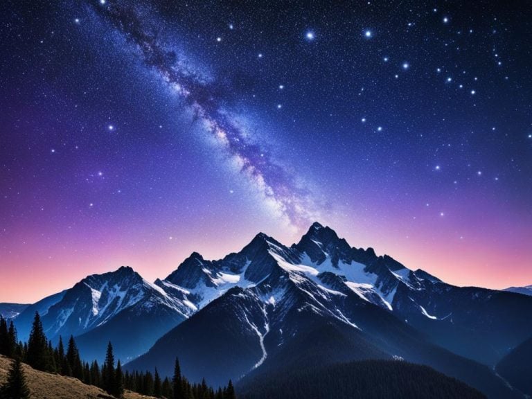 A mountain range with snow sits under a starry night sky. The glow of sunrise is behind the mountains and a bright band of stars rises in the background. There are also pine trees and many bright individual stars.