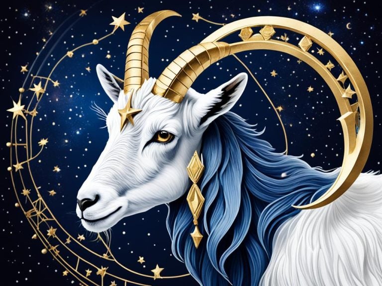 A beautiful white goat with gold anters and a blue mane of hair is depicted against a deep blue night sky filled with stars. There is a gold star on the forhead of the goat and there are golden strands of stars around it.