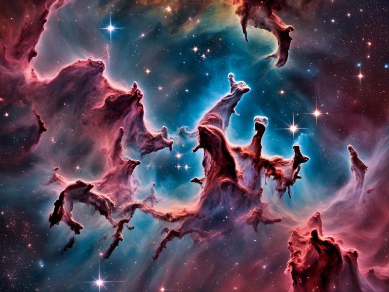 Picture yourself drifting through space, surrounded by the magnificent Carina Nebula. With vibrant colors of pink, orange, and red, the nebula appears to be a cosmic inferno, with fiery streams of gas and dust dancing around massive, luminous stars. The intricate details of the nebula are mesmerizing, with tendrils of gas stretching out like delicate fingers and dark pockets of dust creating depth and contrast. As you gaze upon the beauty of Carina, you can't help but feel small in comparison to the vastness of the universe.