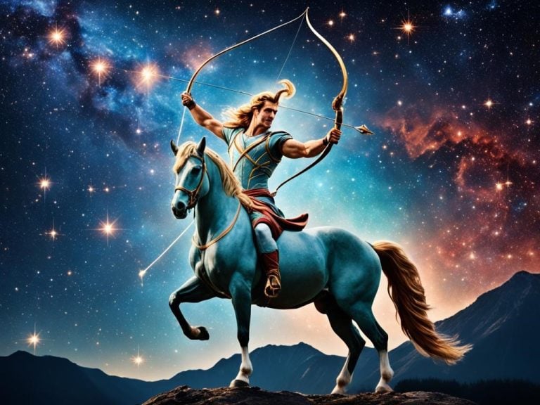 Show the Centaurus constellation as a powerful centaur holding a bow and arrow, with his equine half rearing up towards the stars. Surround him with twinkling stars and nebula clouds, hinting at the constellation's mythological origins and celestial majesty.