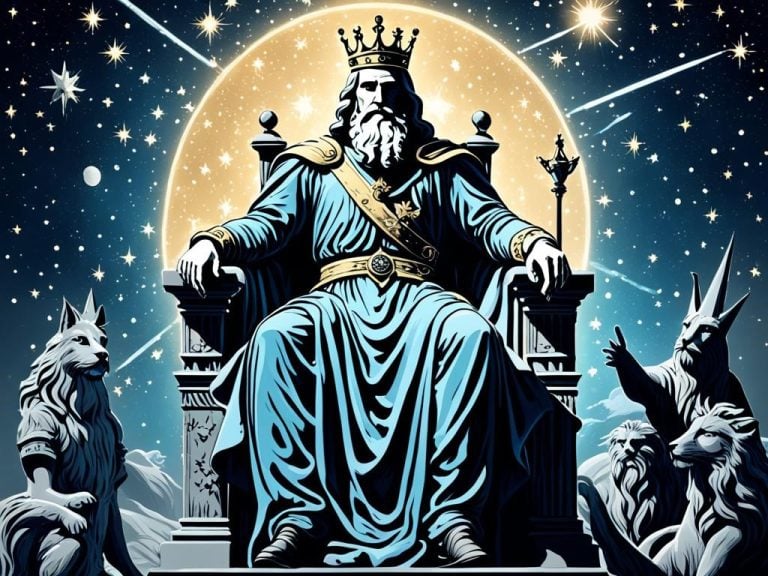 Capture the grandeur of the Cepheus constellation, depicting the king seated on his throne surrounded by celestial creatures. Use a limited color palette to convey the power and majesty of this mythical ruler. Incorporate elements of the night sky to further enhance the cosmic nature of the scene.