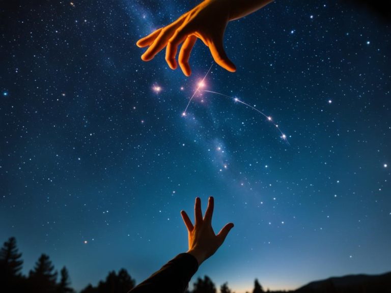 A starry night sky with the Cetus constellation visible in the background. A person's hand reaching up to touch a specific star in the constellation, as if naming and claiming it as their own. The star is glowing with a bright, vibrant light, standing out from the rest of the stars in the background. The hand is surrounded by a soft, ethereal glow, giving the impression of magic and wonder. The overall atmosphere is one of mystery and awe, as if exploring the mysteries of the universe and discovering something truly special.