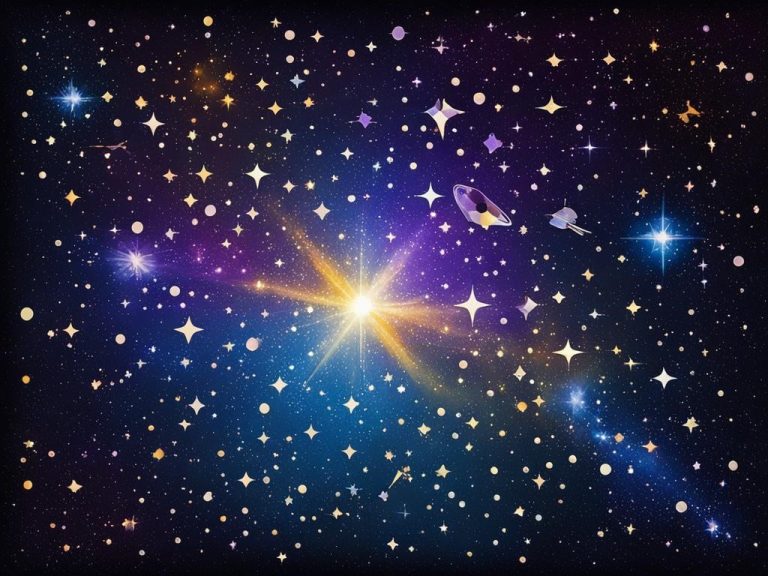 Create an image of the main stars in the Circinus constellation, emphasizing their unique shapes and colors. Show them against a dark, starry background, with each star arranged in a distinctive pattern that highlights their individual positions within the constellation. Use shades of blue and purple to represent the cool, distant stars, while warm yellows and oranges should be reserved for the brightest and closest stars. Make each star appear luminous and sparkling, as though they are burning brightly in the depths of space.