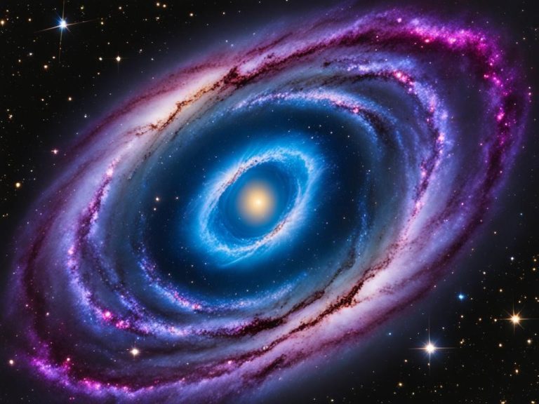 Create an image of the Black Eye Galaxy as seen from Earth's perspective, showcasing its distinct dark dust lane and bright nucleus amidst the starry backdrop of the Coma Berenices constellation. Utilize a color palette incorporating shades of blue and purple to convey the galaxy's cosmic beauty, while also highlighting its mysterious and enigmatic nature. The image should convey a sense of awe and wonder at the majesty of the universe and the incredible complexity of celestial objects like the Black Eye Galaxy.