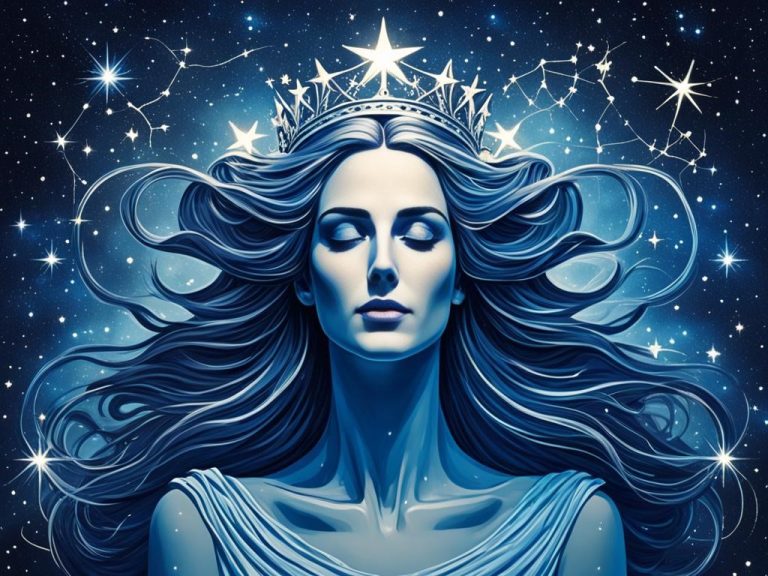 Show the Coma Berenices constellation depicted as a woman with long flowing hair, inspired by its mythological origins as Queen Berenice's hair. The stars should be arranged in a graceful pattern around her head, with the brightest stars forming sparkling strands of hair. The background should be a deep cosmic blue with faint glimpses of other constellations and celestial bodies shining through. Capture a sense of wonder and beauty in the image, as if gazing up at the night sky in awe.