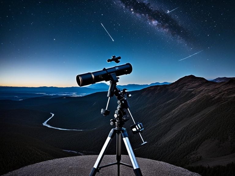 A telescope observing the Corona Australis constellation from a mountain top at night. The stars in the sky should be bright and twinkling, with the constellation visible in the center of the frame. The telescope is set up on a tripod, with its lenses pointed towards the stars. The surrounding landscape is dark and mysterious, with only faint outlines of trees and mountains visible. There is a sense of wonder and amazement at the beauty of the universe, as well as the dedication and passion of astronomers who study it.