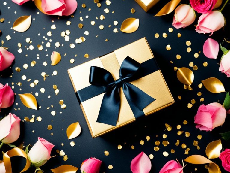 A gold gift box is attractively tied with gold and plack ribons. It sits on a black table surrounded by roses, gold confetti, and golden leaves.