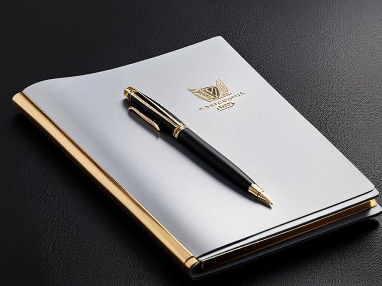 A slick grey notebook sits on a bumply leather surface. The cover is adorned with an insignia and there is an expensive looking black and gold pen.